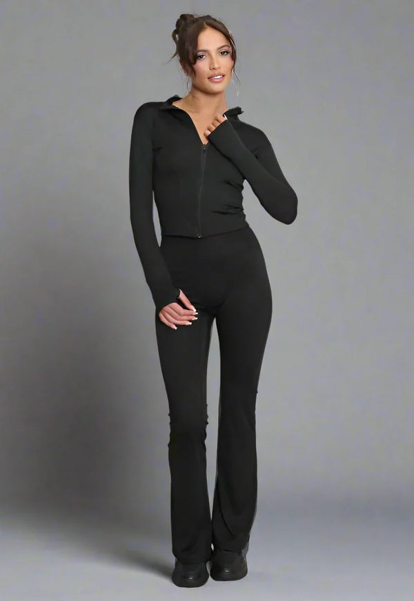 Kind Vibe Women's Active Zip Top And Push Up Flare Trouser Set - Black