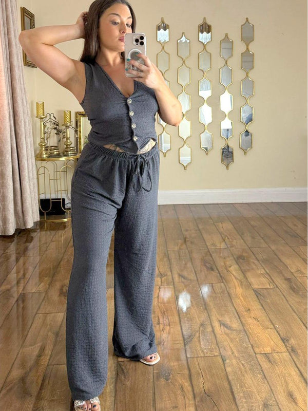 Kind Vibe Women's V Neck Waffle Style Waistcoat and Wide Leg Trouser Co ord Set - Slate Grey