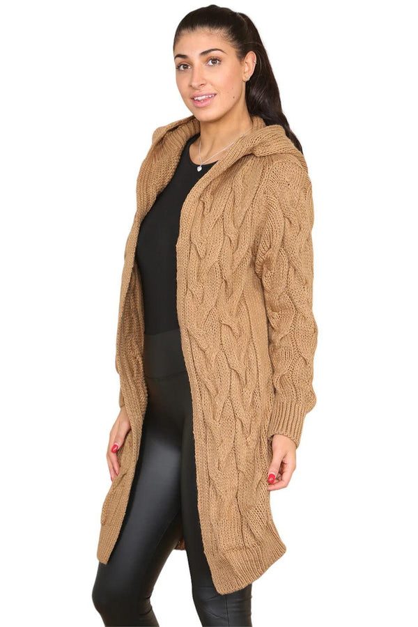 Kind Vibe Women's Knitted Cables Hooded Long Over Sized Cardigan One Size (6-20) - Camel
