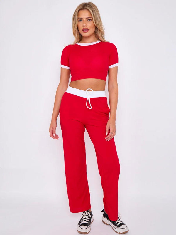 Kind Vibe Women's Ribbed Contrast Wide Leg Flared Trousers And Top Loungewear TRS Cropped Set - Red