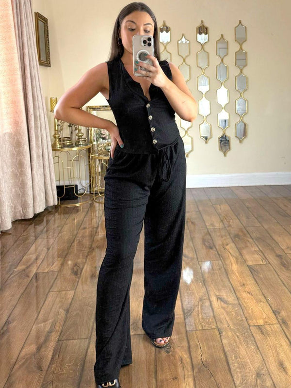 Kind Vibe Women's V Neck Waffle Style Waistcoat and Wide Leg Trouser Co ord Set - Black