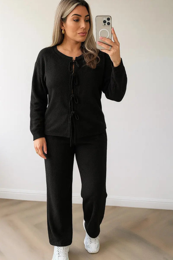 Kind Vibe Women's Tie Front Cozy Lounge Set Knitted Two Piece Relaxed Lean Fit Co-Ord Set