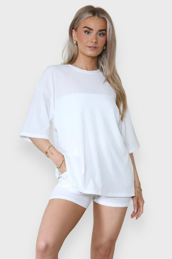Kind Vibe Women’s 2pcs short sleeve textured cycling short pockets Co Ord set - White