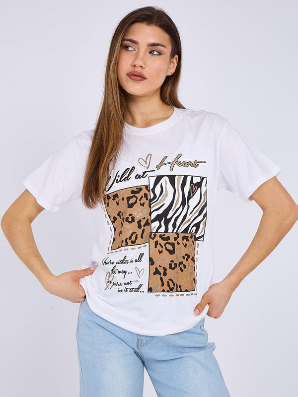 Kind Vibe Women's Wild At Heart Graphic Printed T-Shirt Top - White