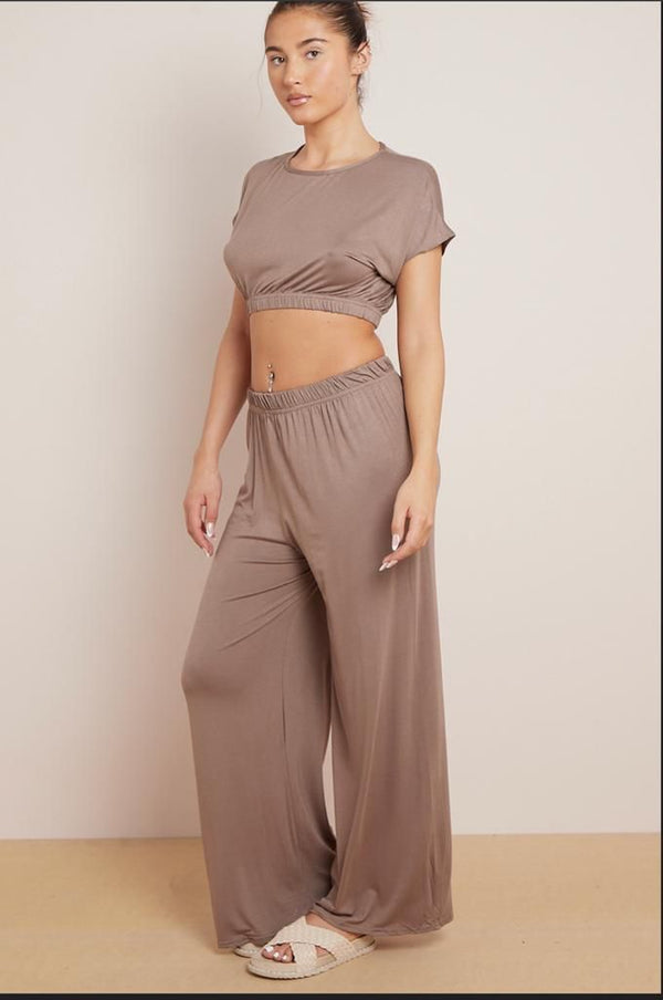 Kind Vibe Women's Cropped Top Trouser Outfit Set Two Piece Loungewear Tank Pants Comfortable - Mocha