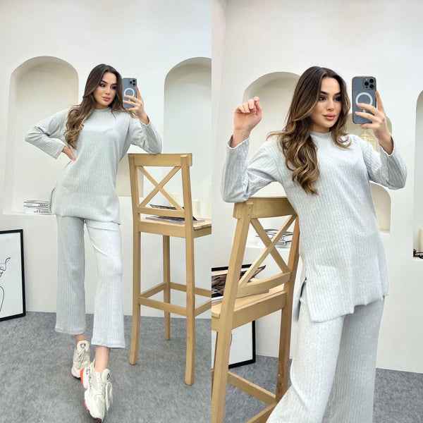 Kind Vibe Women's Two Piece Top and Trouser Co Ord Set One Size 6-12 - Light Grey