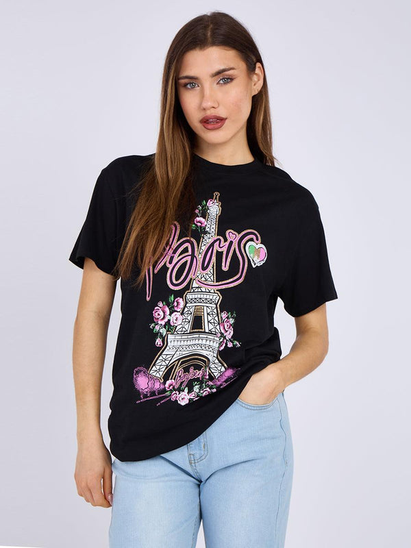 Kind Vibe Women's Ladies Bonjour Paris Printed T-Shirt Top - Black