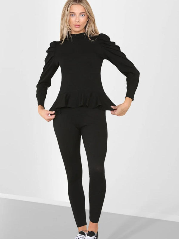 Kind Vibe Women's Puff Sleeves Set Frill Hem Peplum Ribbed Lounge Wear Suit - Black