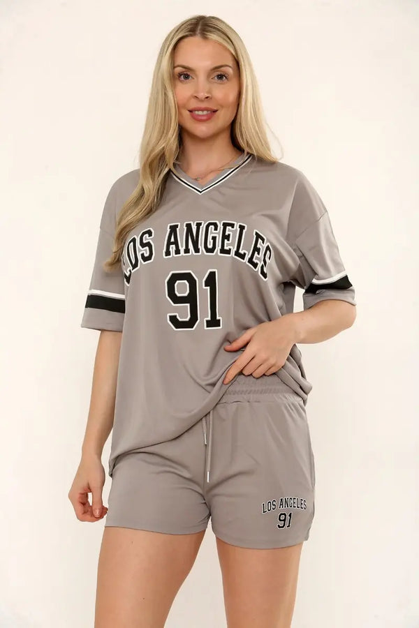 Kind Vibe Womens LA Varsity T-Shirt With Shorts Co-Ord Set - Grey
