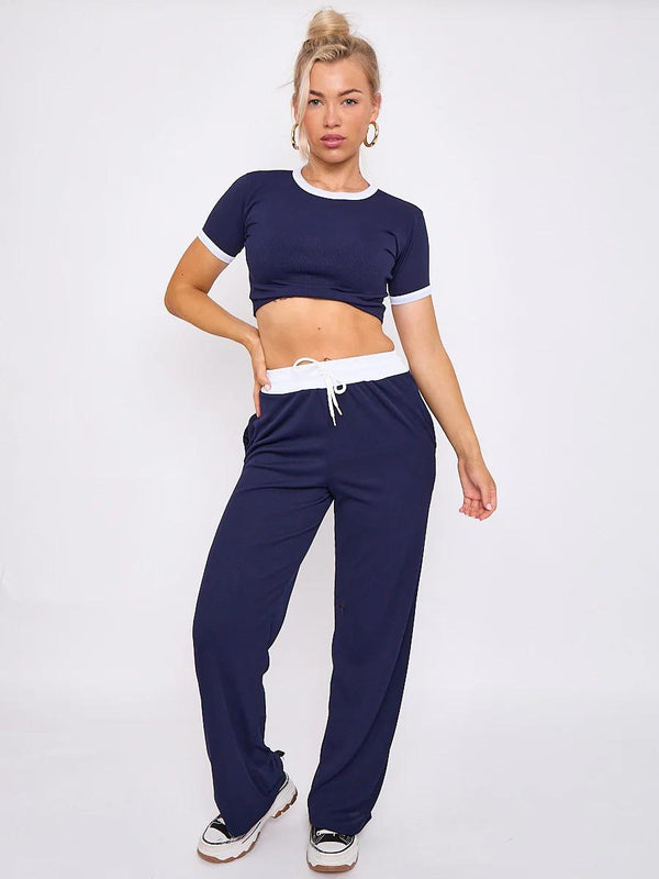 Kind Vibe Women's Ribbed Contrast Wide Leg Flared Trousers And Top Loungewear TRS Cropped Set - Navy