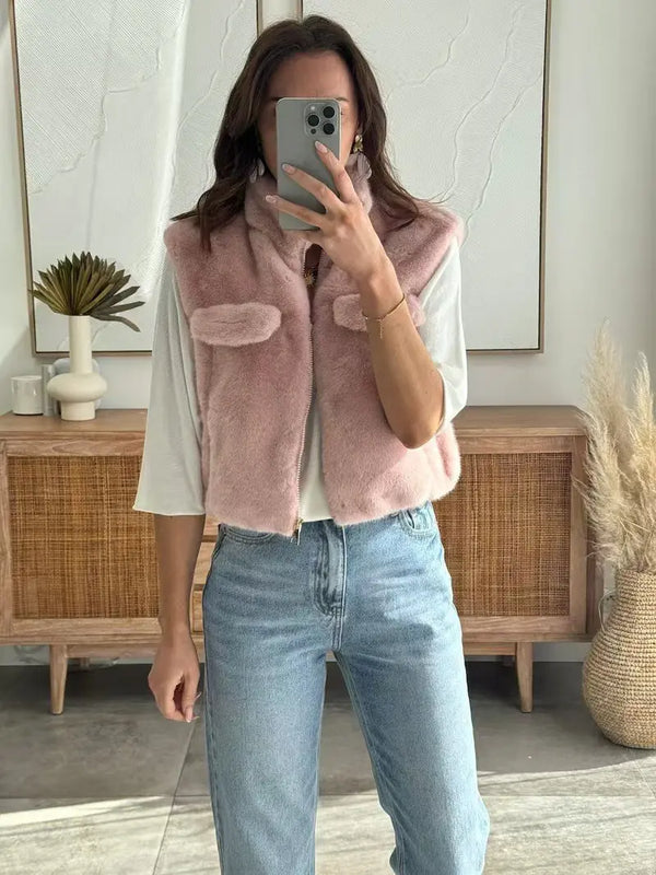 kind Vibe Women's Soft Teddy Zip-Up Lined Fur Vest (One Size 6-14)