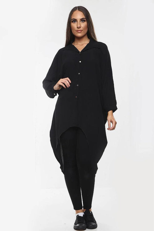 Kind Vibe Women's High-Low Oversized Button Long Top Shirt Dress with Hem and Long Sleeves Comfortable - Black