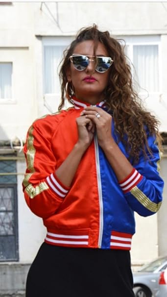 Kind Vibe Women's Harley Quinn Halloween Red Blue Jocker Bomber Jacket - Red Blue