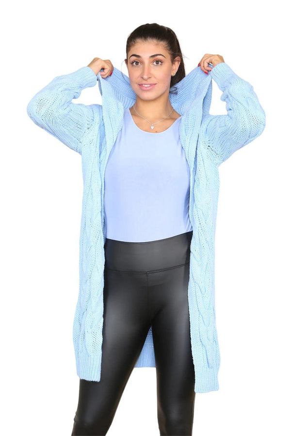 Kind Vibe Women's Knitted Cables Hooded Long Over Sized Cardigan One Size (6-20) - Sky Blue