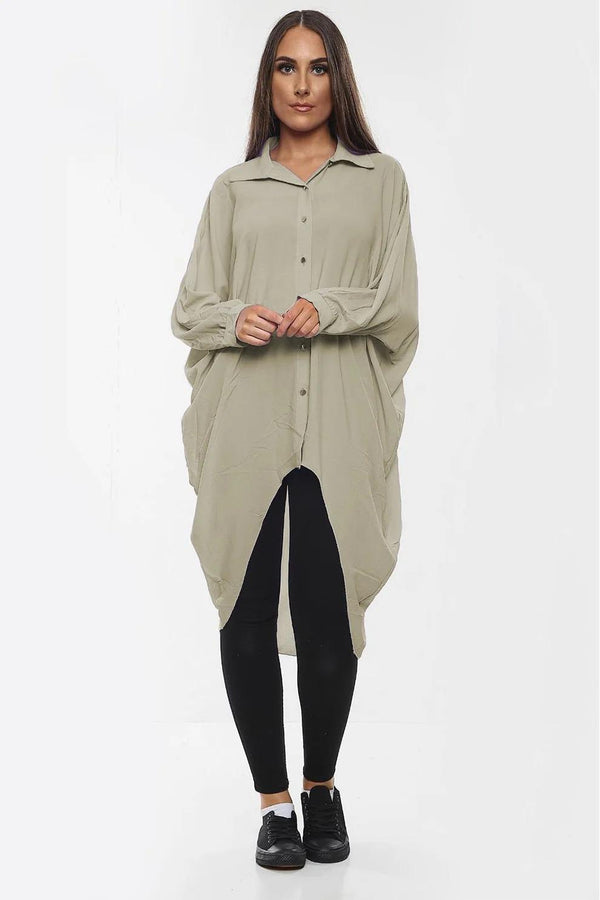 Kind Vibe Women's High-Low Oversized Button Long Top Shirt Dress with Hem and Long Sleeves Comfortable - Sage