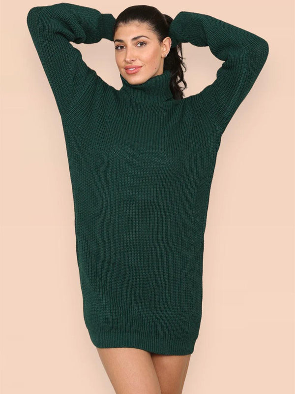 Kind Vibe Women's Polo Roll Neck Over Sized Ribbed Knitted Florescent Chunky Sweater Jumper Dress Womenswear -  Forest Green