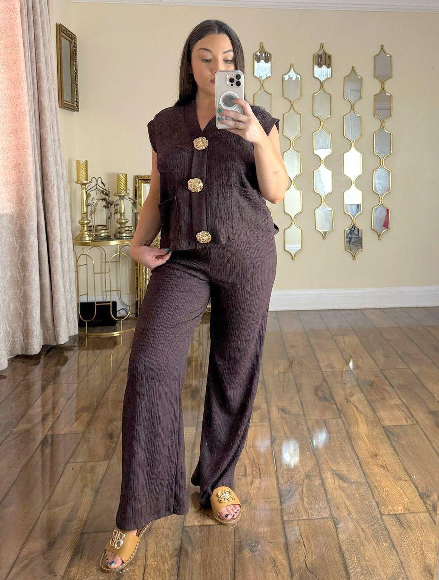 Kind Vibe Women's Trouser and Waistcoat Co Ord Set With Gold Brooch - Chocolate