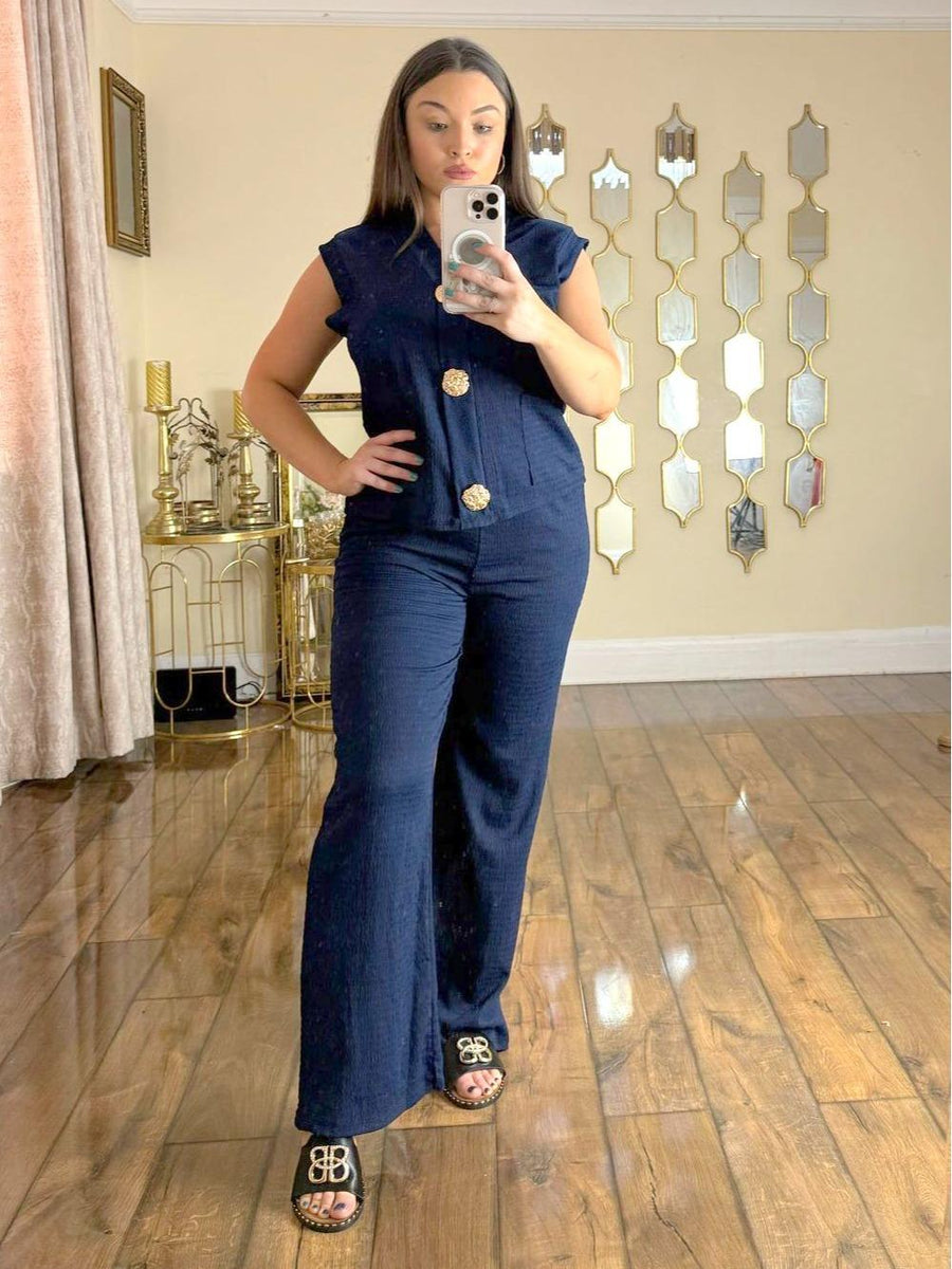 Kind Vibe Women's Trouser and Waistcoat Co Ord Set With Gold Brooch - Navy
