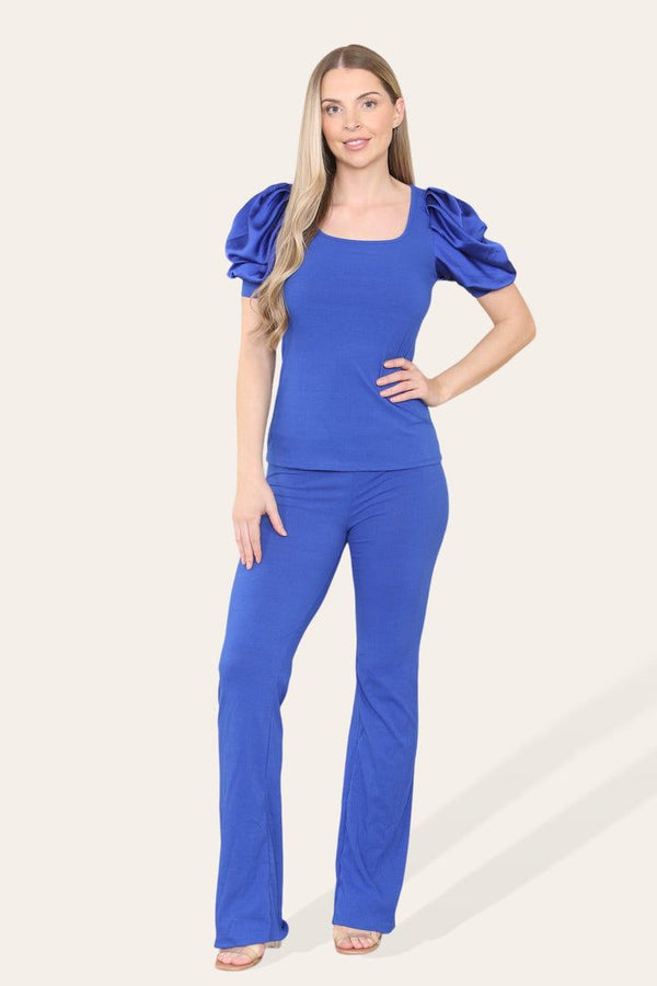 Kind Vibe Women's Silky Satin Puff Sleeves Ribbed Lounge Set - Royal Blue