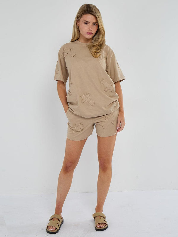 Kind Vibe Women's Cross Embroidered T-Shirt & Shorts Co-ord Set - Oatmeal