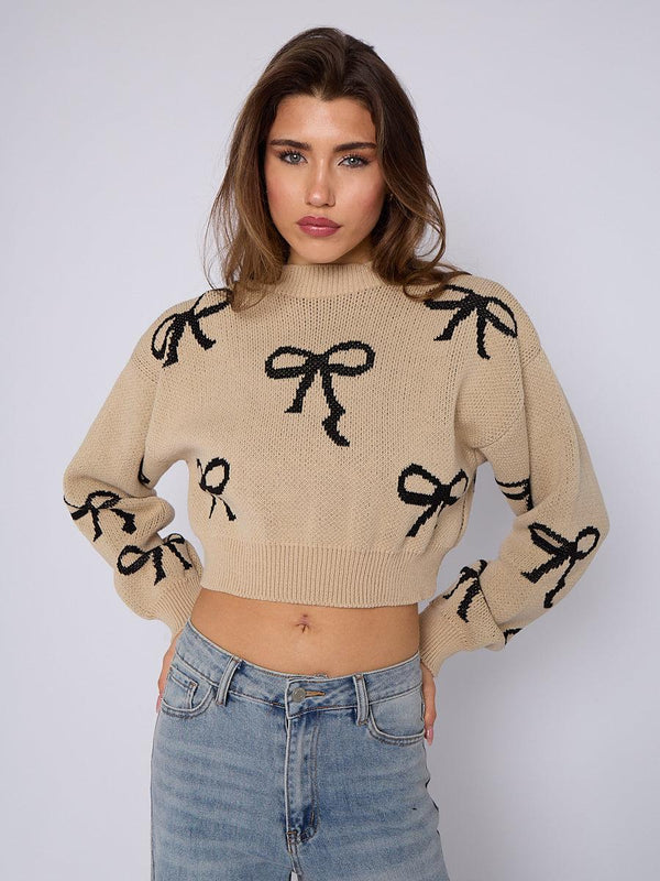 Kind Vibe Women's Bow Detail Oversized Cropped Knitted Jumper - Stone