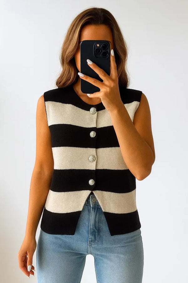 Kind Vibe Women's Stunning Super Soft Stretchy Knit Striped Waist Coat Vest One Size (6-14)
