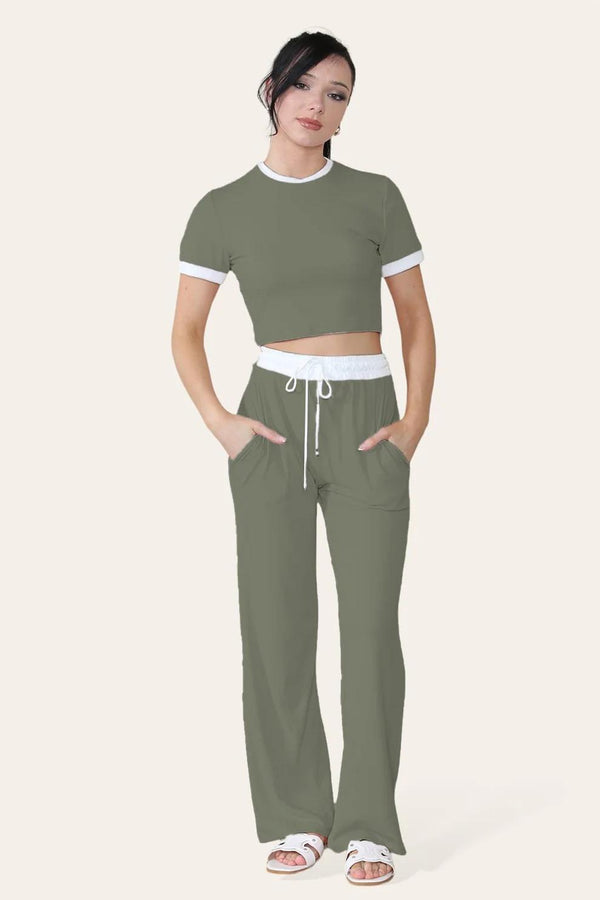 Kind Vibe Women's Ribbed Contrast Wide Leg Flared Trousers And Top Loungewear TRS Cropped Set - Khaki