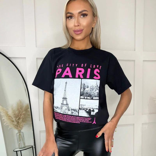 Kind Vibe Women's Paris Slogan Oversized T-Shirt - Black