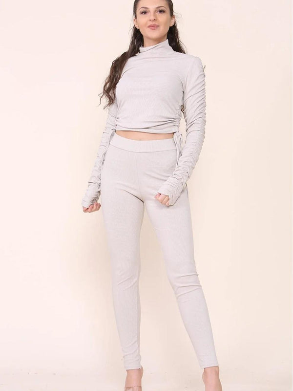Kind Vibe Women's High Neck Ruched Side Arm Solid Drawstrings Ribbed Tee and Leggings Set - Beige