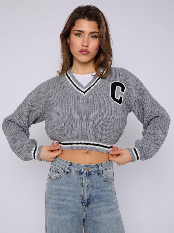 Kind Vibe Women's Knitted Cropped Jumper Top - Grey