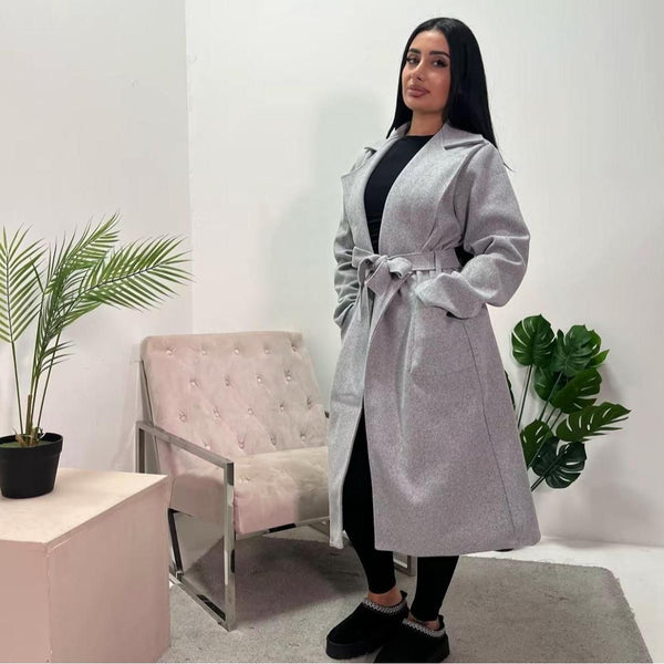Kind Vibe Women’s lapel collar Jacket With dual Side Pockets and waist Tie Belt coat - Grey