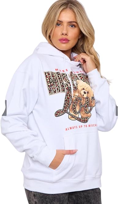 Kind Vibe  Women's Long Sleeve Oversized MISCHIEF Teddy Graphic Print hoodie sweatshirt Baggy jumper Dress Womenswear - White
