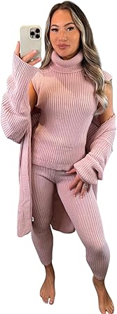 Kind Vibe Women's 3 Piece Suit Roll Neck Chunky Knitted Tracksuit Rib Loungewear Co-Ord Set Womenswear - Pink