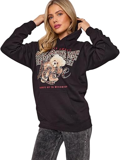 Kind Vibe  Women's Long Sleeve Oversized MISCHIEF Teddy Graphic Print hoodie sweatshirt Baggy jumper Dress Womenswear - Black