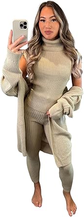 Kind Vibe Women's 3 Piece Suit Roll Neck Chunky Knitted Tracksuit Rib Loungewear Co-Ord Set Womenswear - Beige