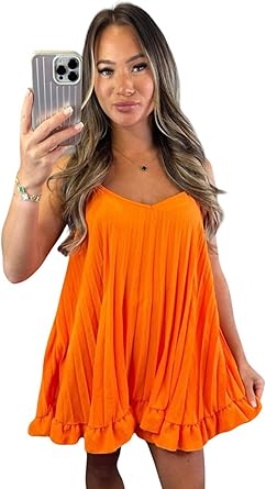 Kind Vibe Women's Frill Pleated Cami Vest Short Top (One Size 6-14) Cami Top Comfort - Orange