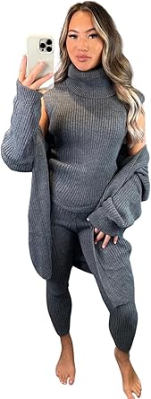 Kind Vibe Women's 3 Piece Suit Roll Neck Chunky Knitted Tracksuit Rib Loungewear Co-Ord Set Womenswear - Charcoal