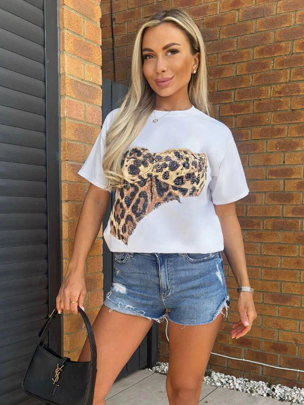 Kind Vibe Women's Leopard Printed Oversized T Shirt Top - White