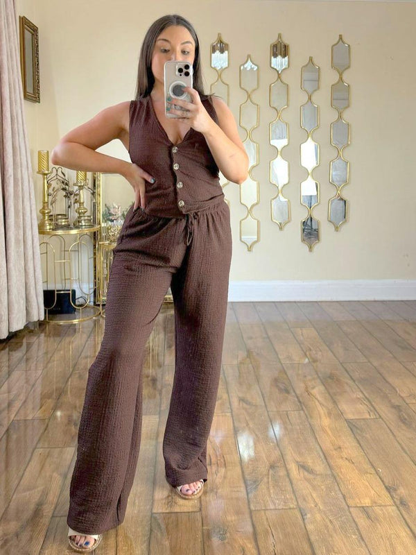 Kind Vibe Women's V Neck Waffle Style Waistcoat and Wide Leg Trouser Co ord Set - Chocolate