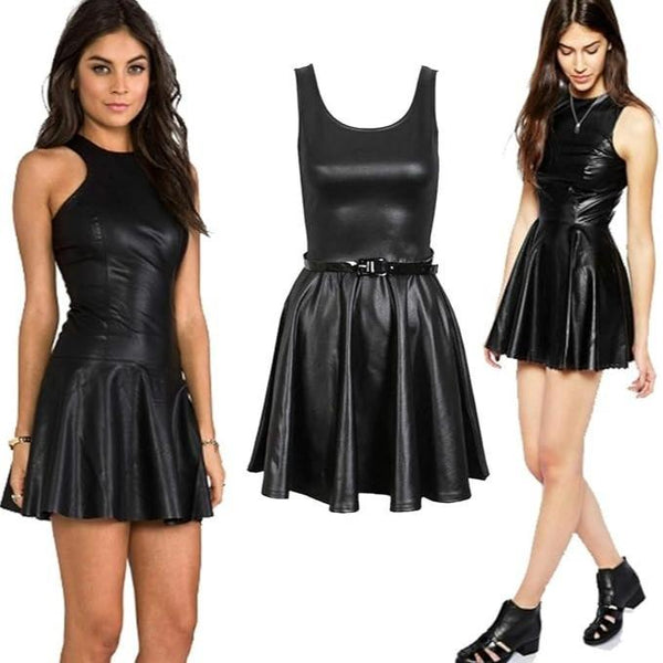 Kind Vibe Women's PVC Wet Look Plus Belted Flared Celebrity Sexy Skater Top Dress - Black