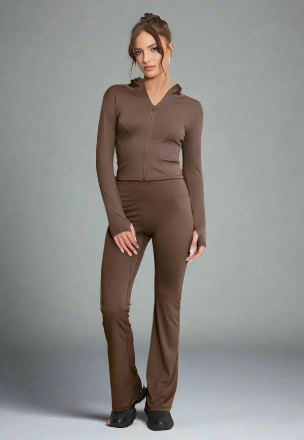 Kind Vibe Women's Active Zip Top And Push Up Flare Trouser Set - Chocolate