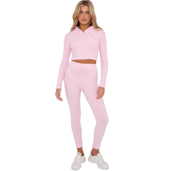 Kind Vibe Women's Interlock Cropped Zip Hoodie and Bell Bottom Trouser Set - Pink