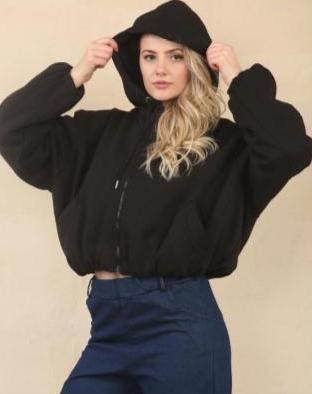 Kind Vibe  Women's Bubble Hem Cropped Fleece Lined Jacket - Black