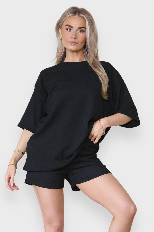 Kind Vibe Women’s 2pcs short sleeve textured cycling short pockets Co Ord set - Black