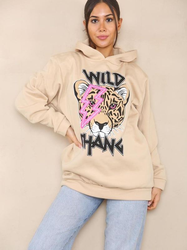 Kind Vibe Women's WILD THANG Hooded Sweatshirt Long Sleeve Pullover Jumper Hoodie Casual - Beige