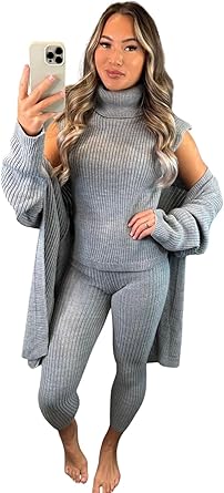 Kind Vibe Women's 3 Piece Suit Roll Neck Chunky Knitted Tracksuit Rib Loungewear Co-Ord Set Womenswear - Grey
