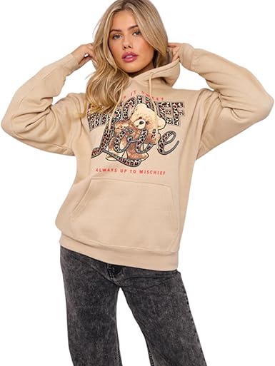 Kind Vibe  Women's Long Sleeve Oversized MISCHIEF Teddy Graphic Print hoodie sweatshirt Baggy jumper Dress Womenswear - Beige
