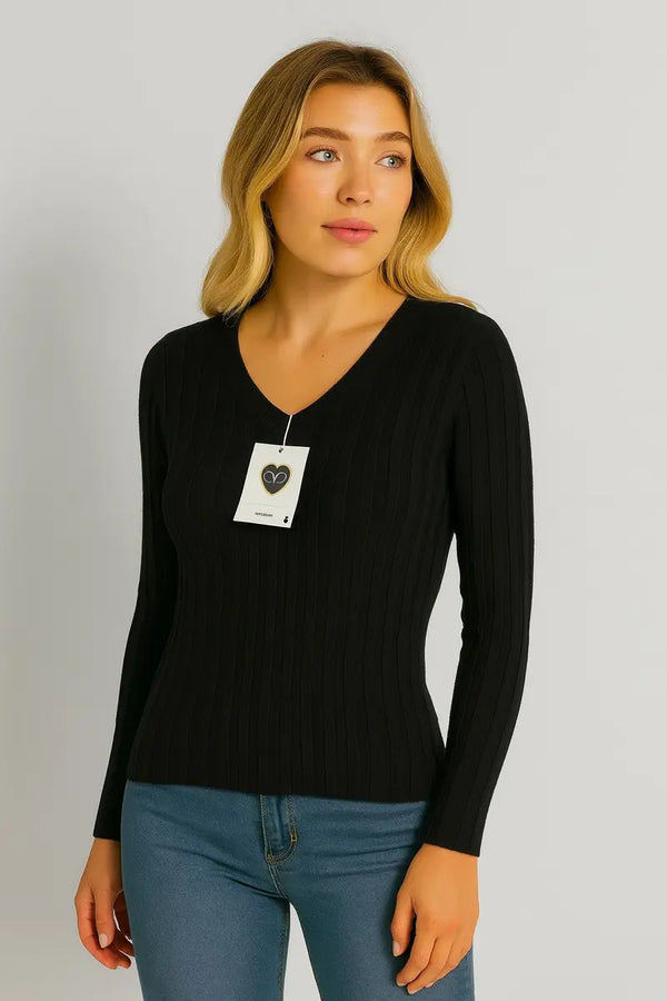 Kind Vibe Women's Ribbed V Neck Sweater Jumper (One Size 6-12)