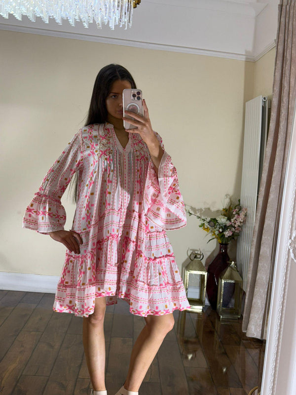 Kind Vibe Women's Pure 100% Cotton Summer Dress (One Size 6-12) - White Pink