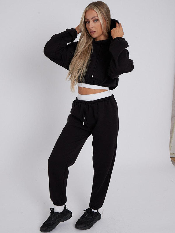 Kind Vibe Women's Fleece Cropped Suit With Rib Trim Detail Co-ord Set - Black